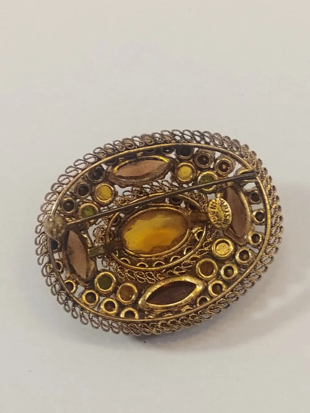 Vintage Brooch Pin SIGNED AUSTRIA Glass Rhinestone Gold tone Retro Jewelry